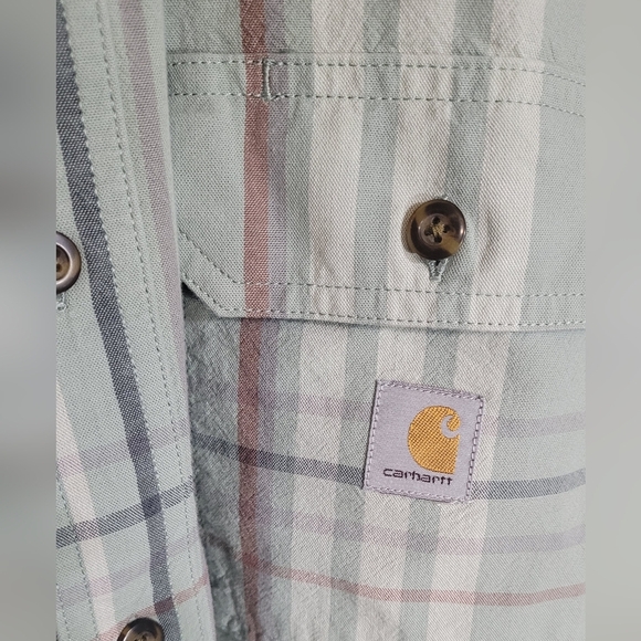 Carhartt Button Down Shirt Mens Large Green Plaid Short Sleeve Loose Fit Pocket - Picture 2 of 4